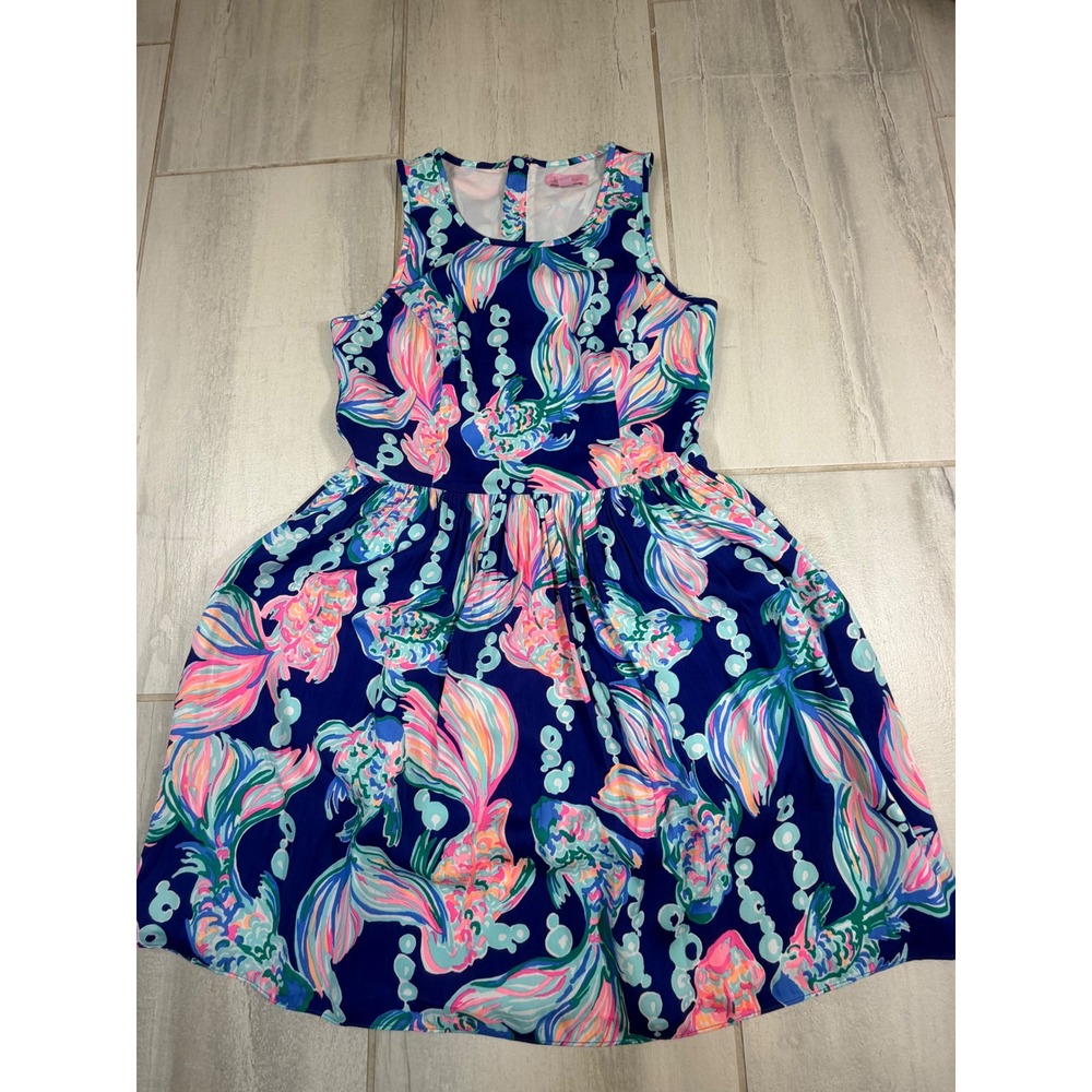 Lilly Pulitzer Goldfish Print Sleeveless Fit & Flare Dress Blue Pink Size 4